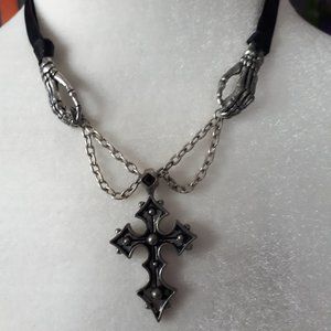 Alchemy Gothic Skeleton Hands Cross Pendant Choker